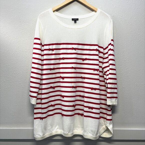 Talbots Lightweight Sweater White Red Stripes Mini Bows 3/4 Sleeves Size 3Xp - Picture 1 of 8